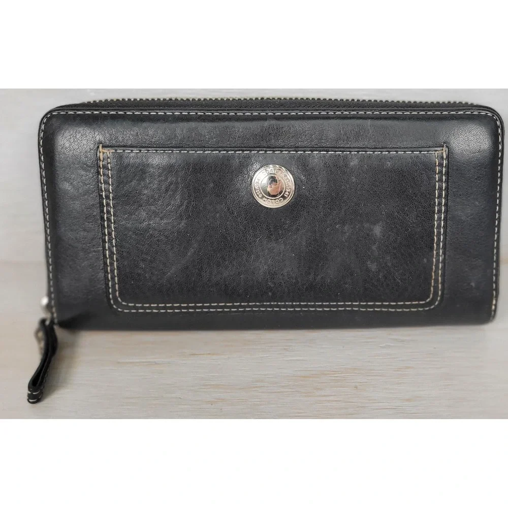Coach Black Chelsea Leather Zip Around Accordion Wallet Silver Logo